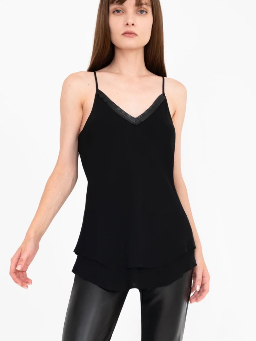 Elaine Kim -Silk Georgette Double Layer Bias Camisole with Vegan Leather Trim
